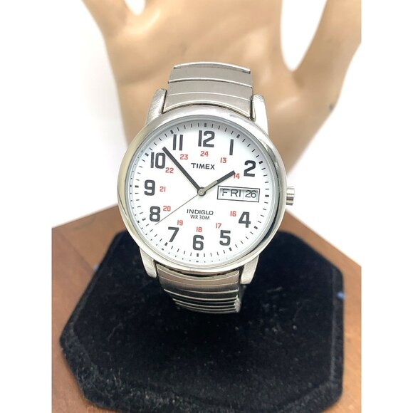 Timex Men's Watch T20461 Quartz White Dial Day Date Expansion Silver Steel 35mm - Picture 1 of 15